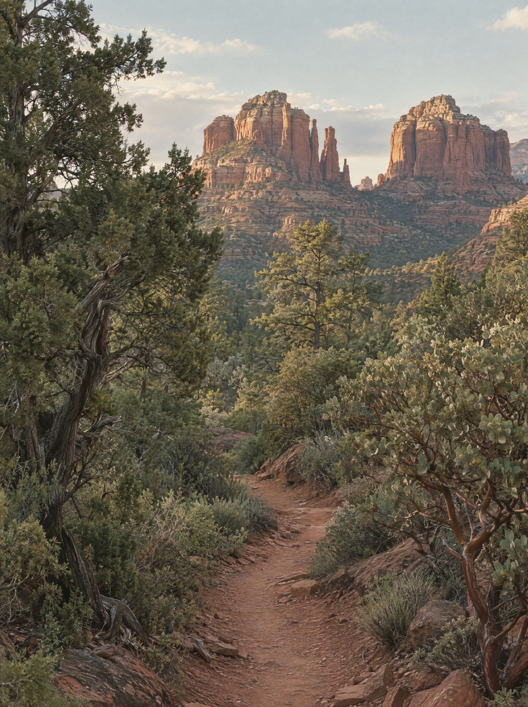 A red dirt trail through juniper toward Sedona buttes