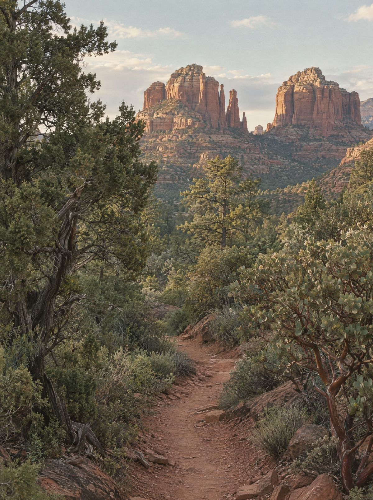 A red dirt trail through juniper toward Sedona buttes
