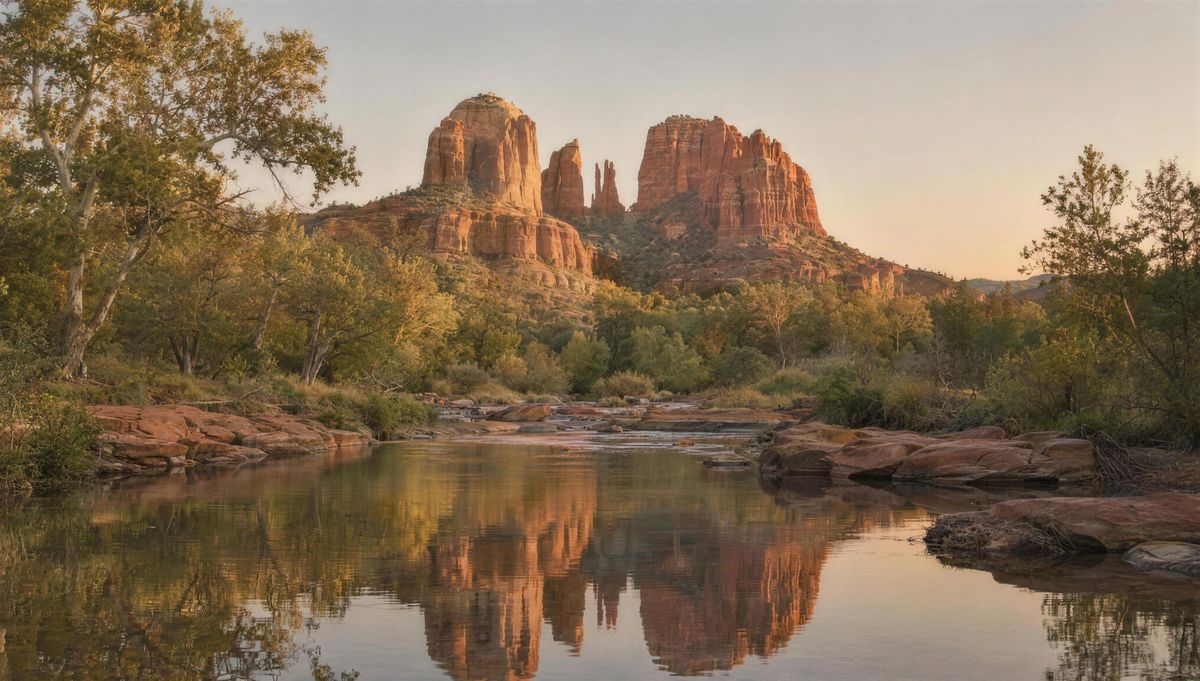 Cathedral Rock reflected in Oak Creek at golden hour, Sedona