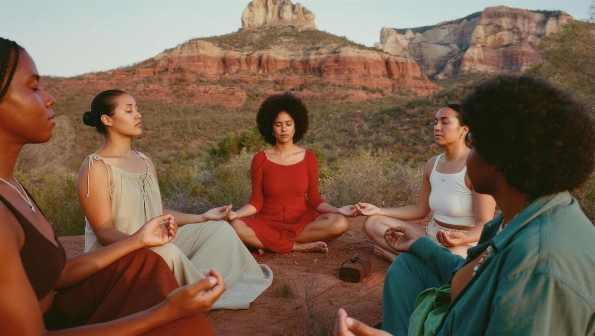 A small group meditating in a circle on red rock in Sedona
