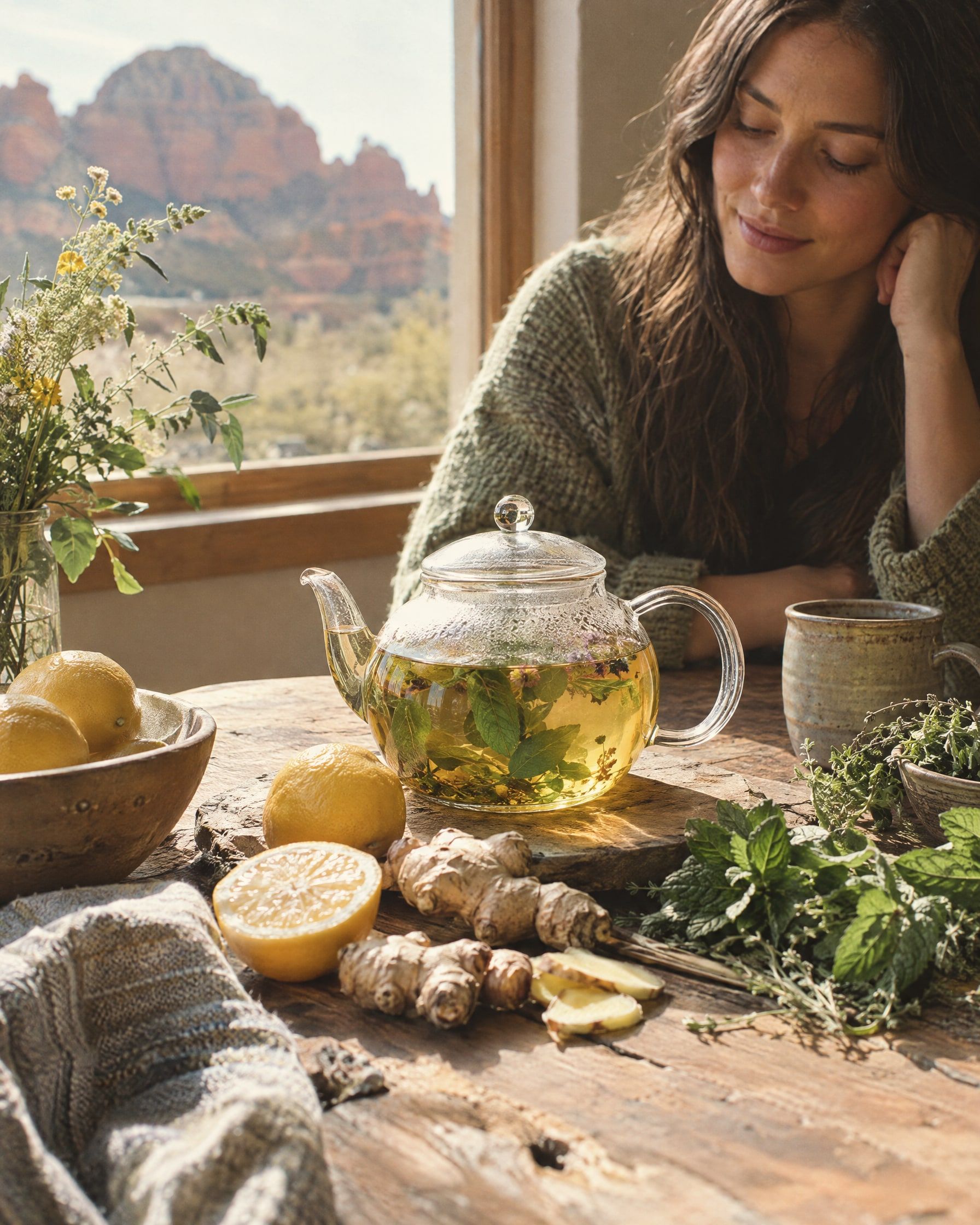 A glass teapot of herbal tea with fresh lemons, ginger root and green herbs on a rustic wooden table by a sunny window