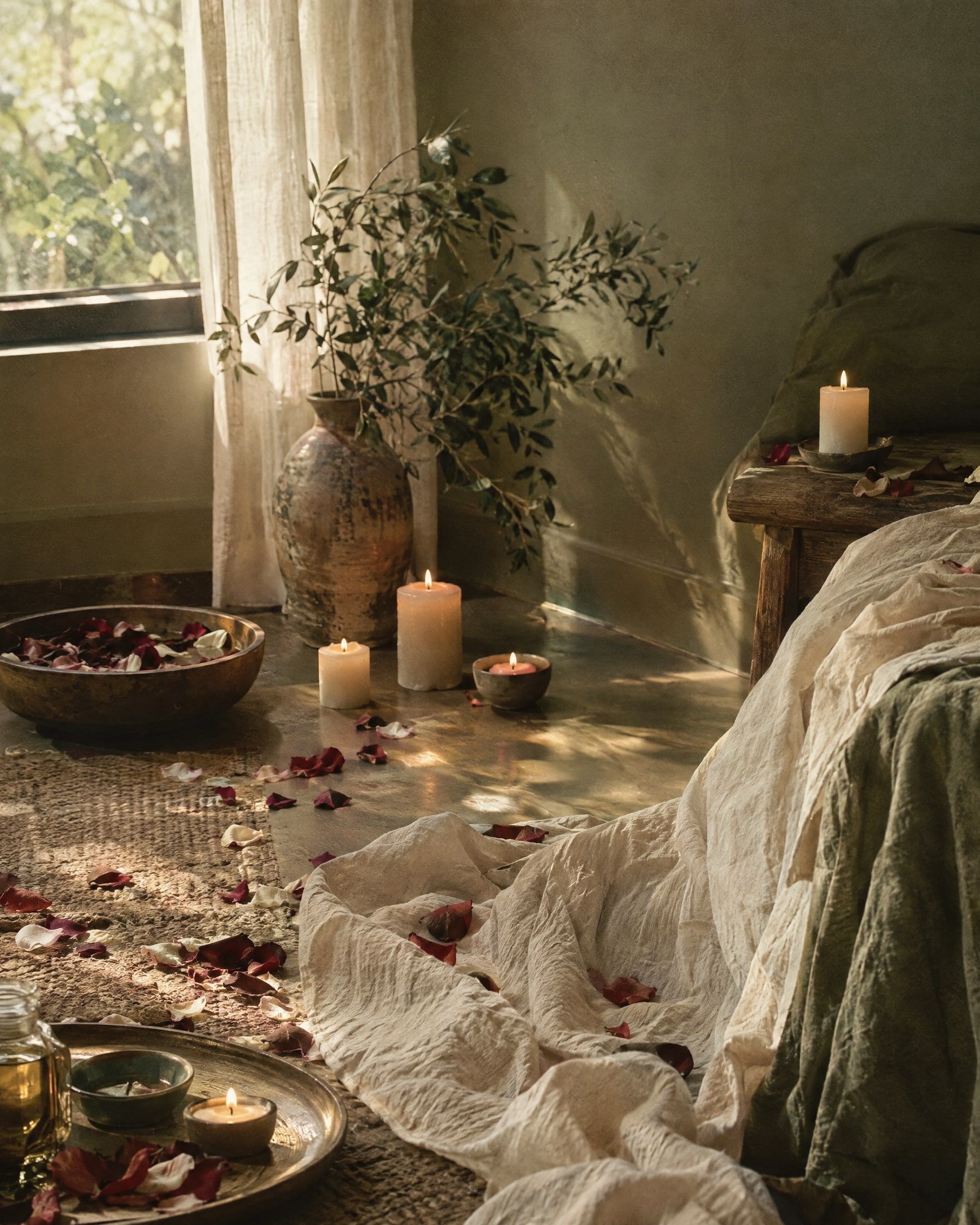 A softly lit room with candles, scattered rose petals and draped linen