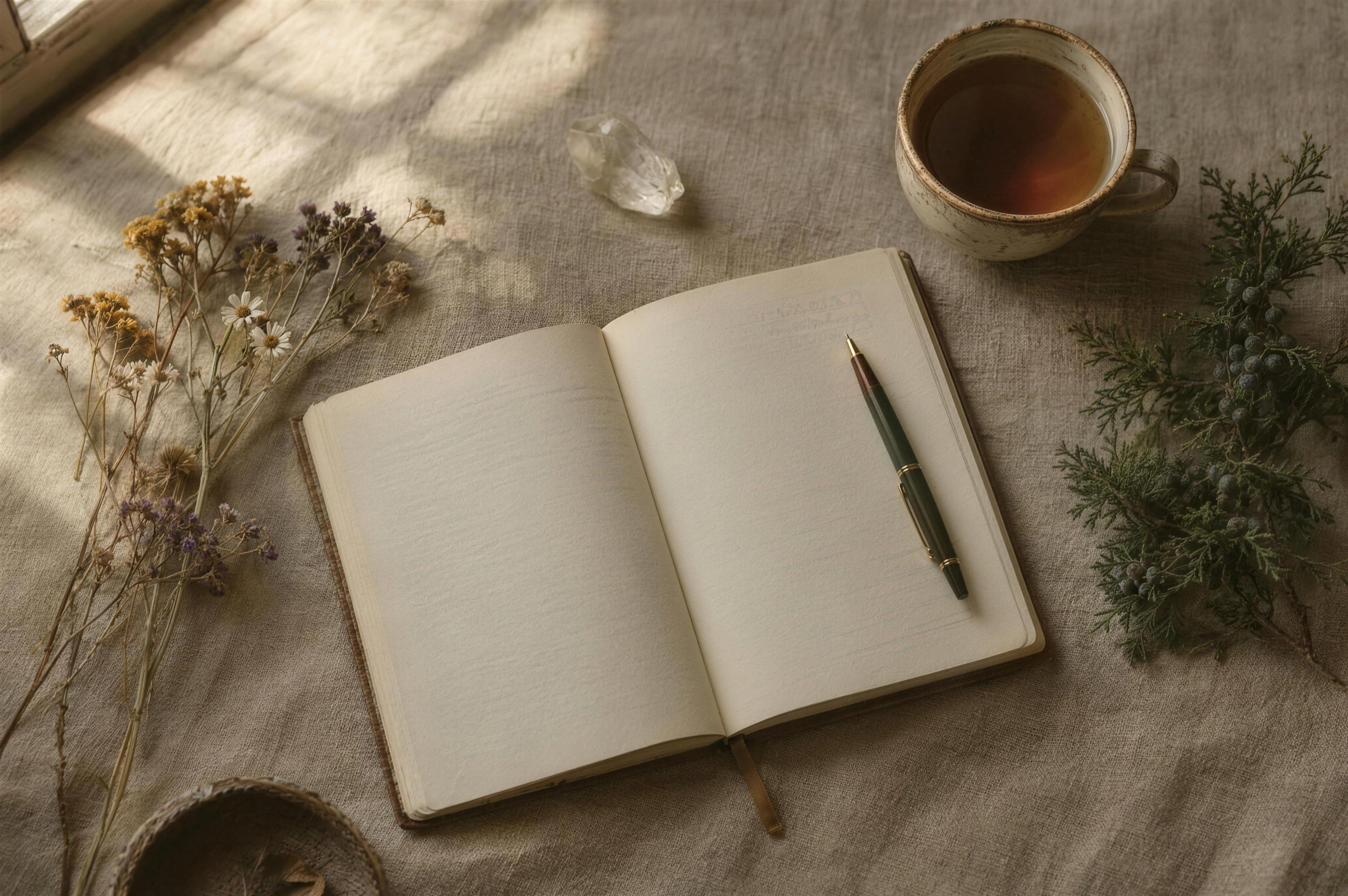 An open journal, pen, dried wildflowers, tea and a quartz crystal on linen