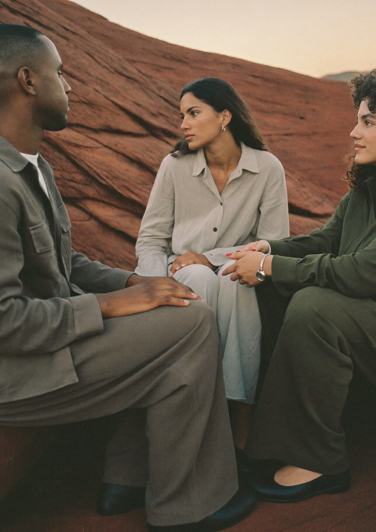 Three retreat participants of color wearing long-sleeved linen shirts and jackets, sitting in a small circle on a red rock ledge at sunset, talking