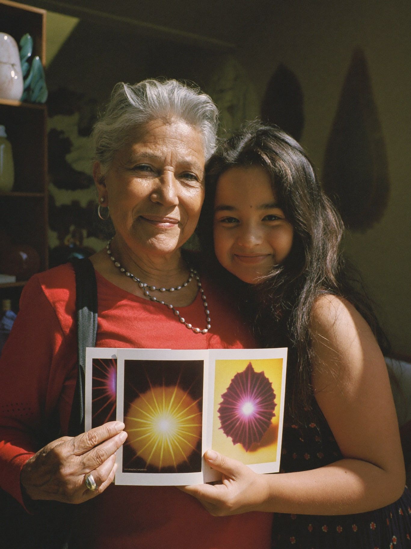 A Mexican American grandmother in her 70s with silver hair and her teenage granddaughter smiling at their glowing aura photographs together in a