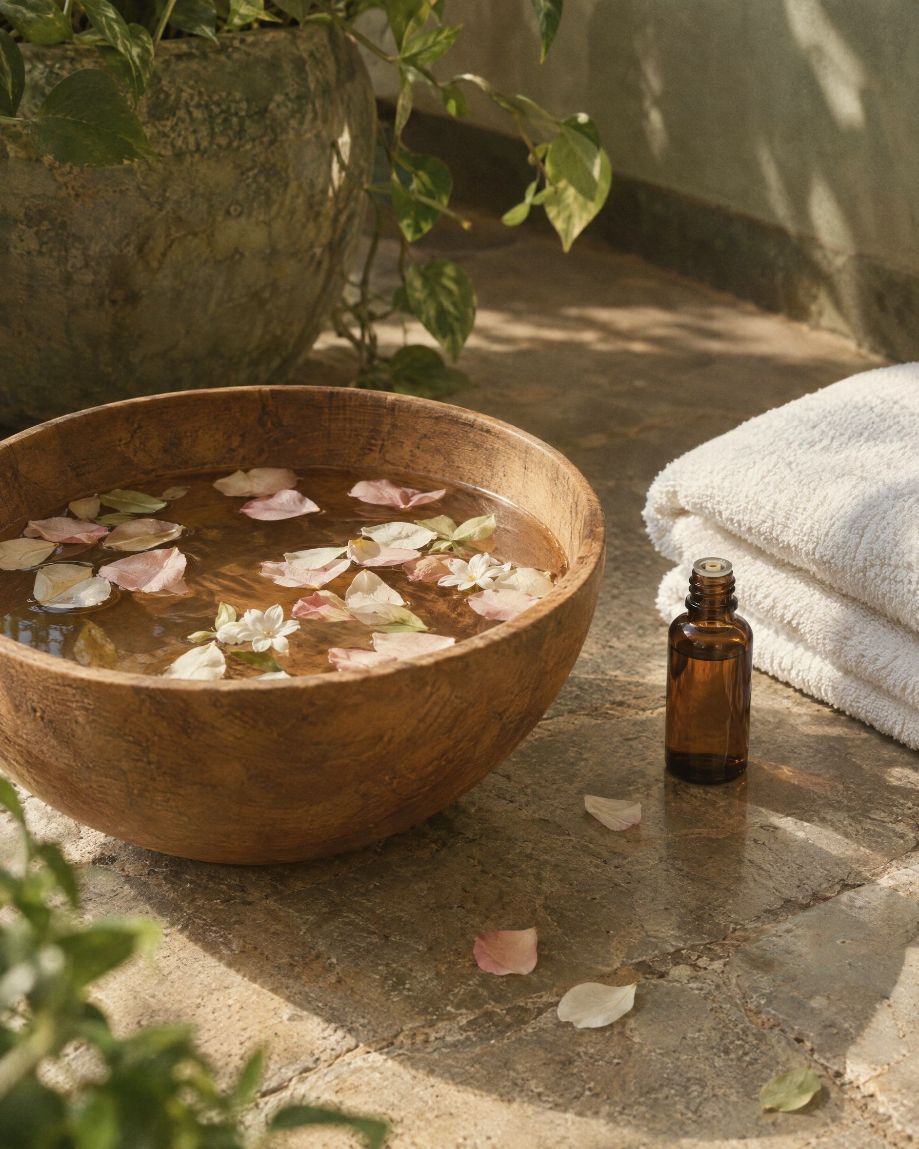 A wooden bowl of warm water with floating flower petals, a folded white towel and a small amber glass bottle on a stone floor, soft light