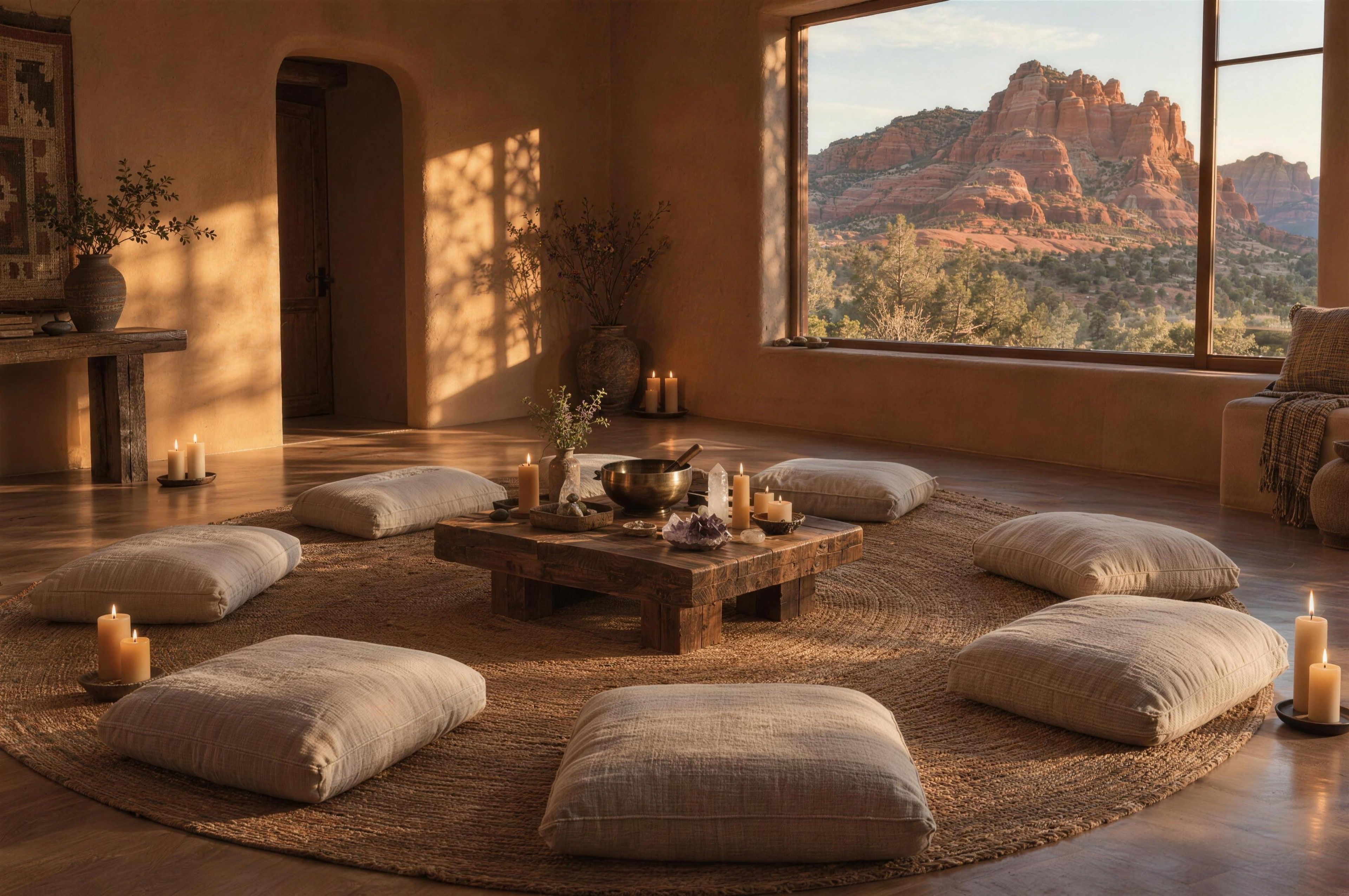 An adobe workshop room set with cushions in a circle, candles and crystals